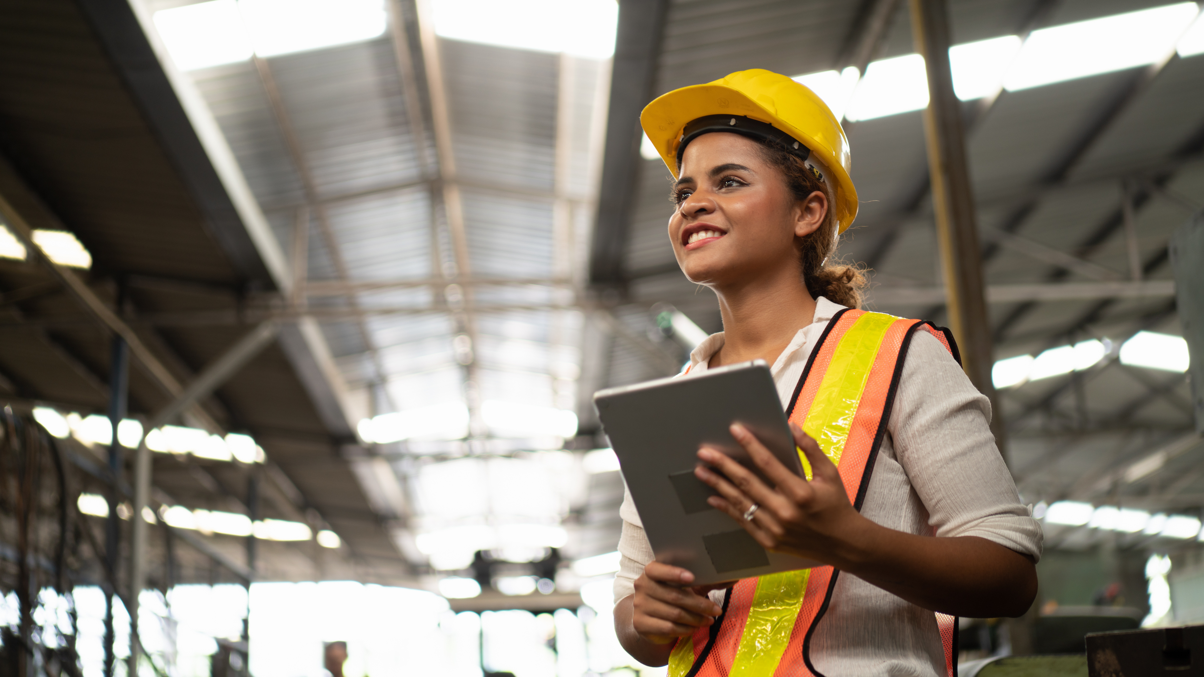 happy worker with tablet